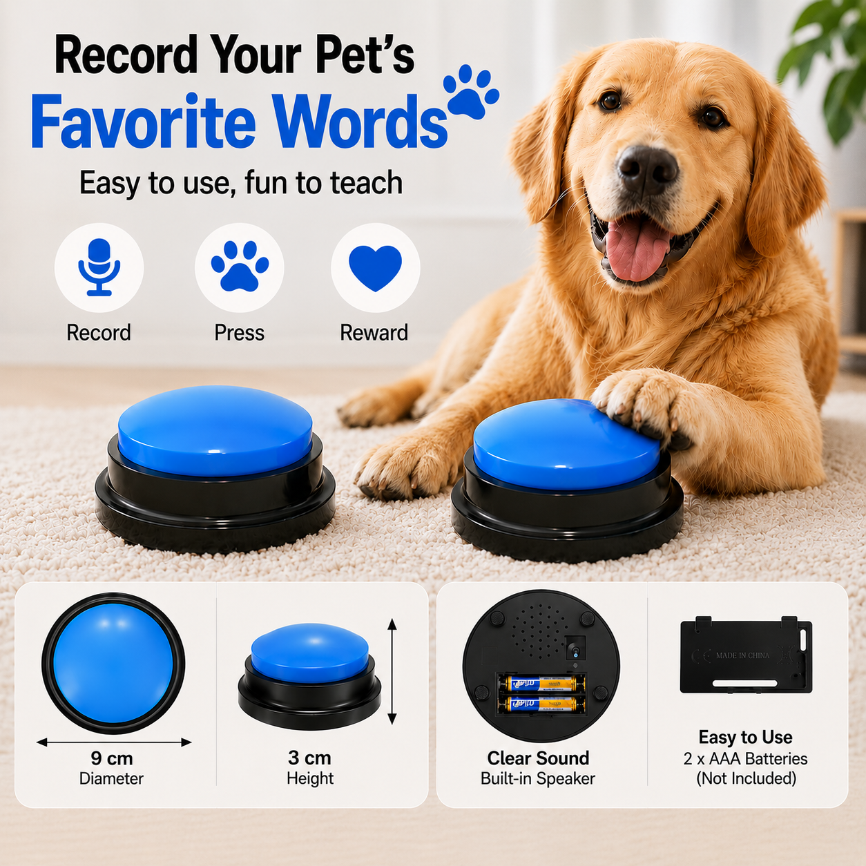 Voice Recording Button for Pet Training 30 Second Record and Playback Buzzer - 4 PCS