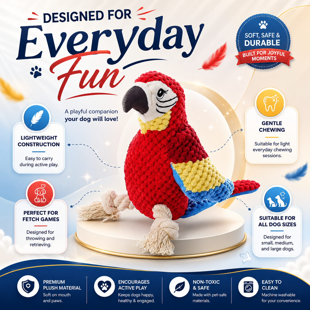 Plush Parrot Chew and Fetch Dog Toy with Squeaker for Everyday Play