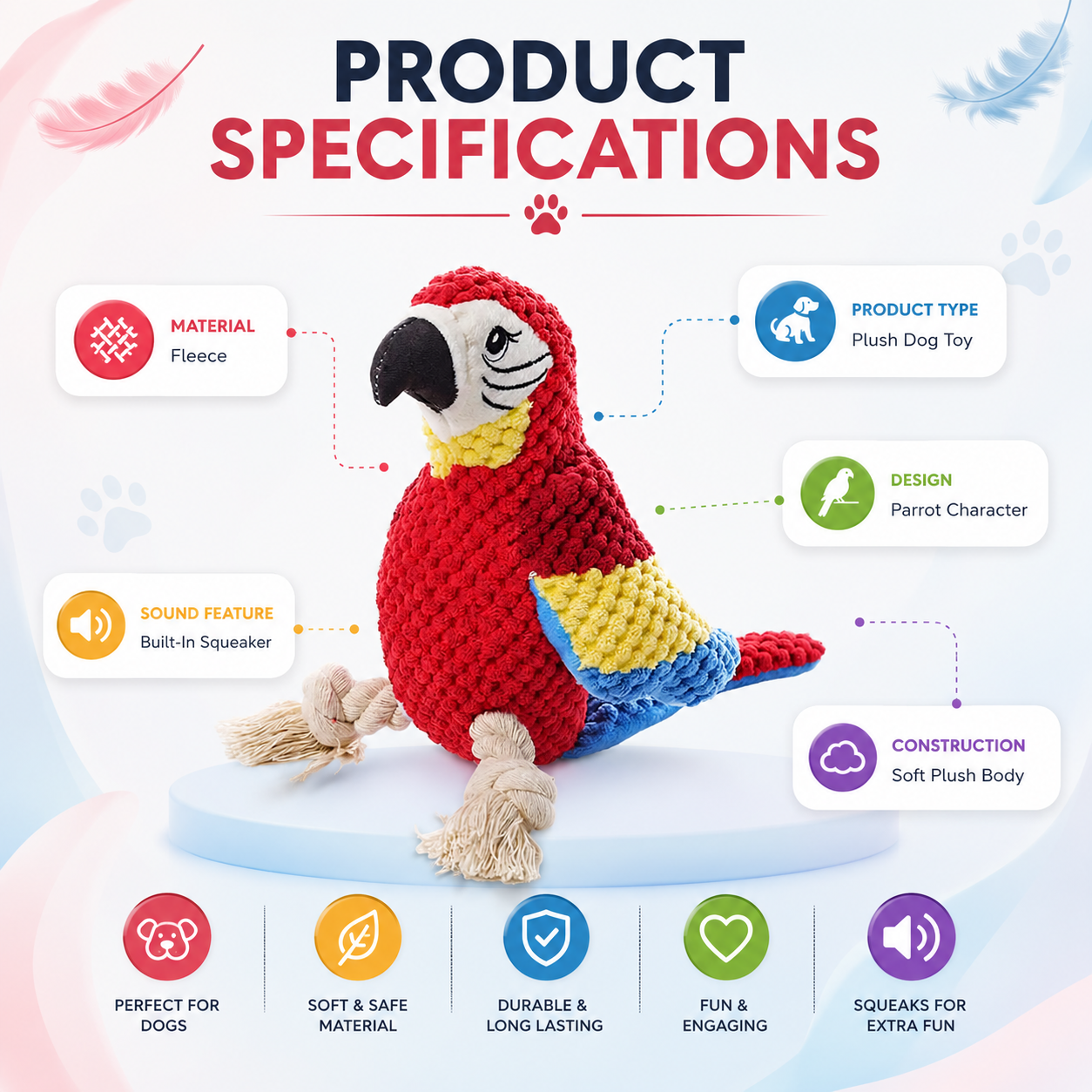 Plush Parrot Chew and Fetch Dog Toy with Squeaker for Everyday Play