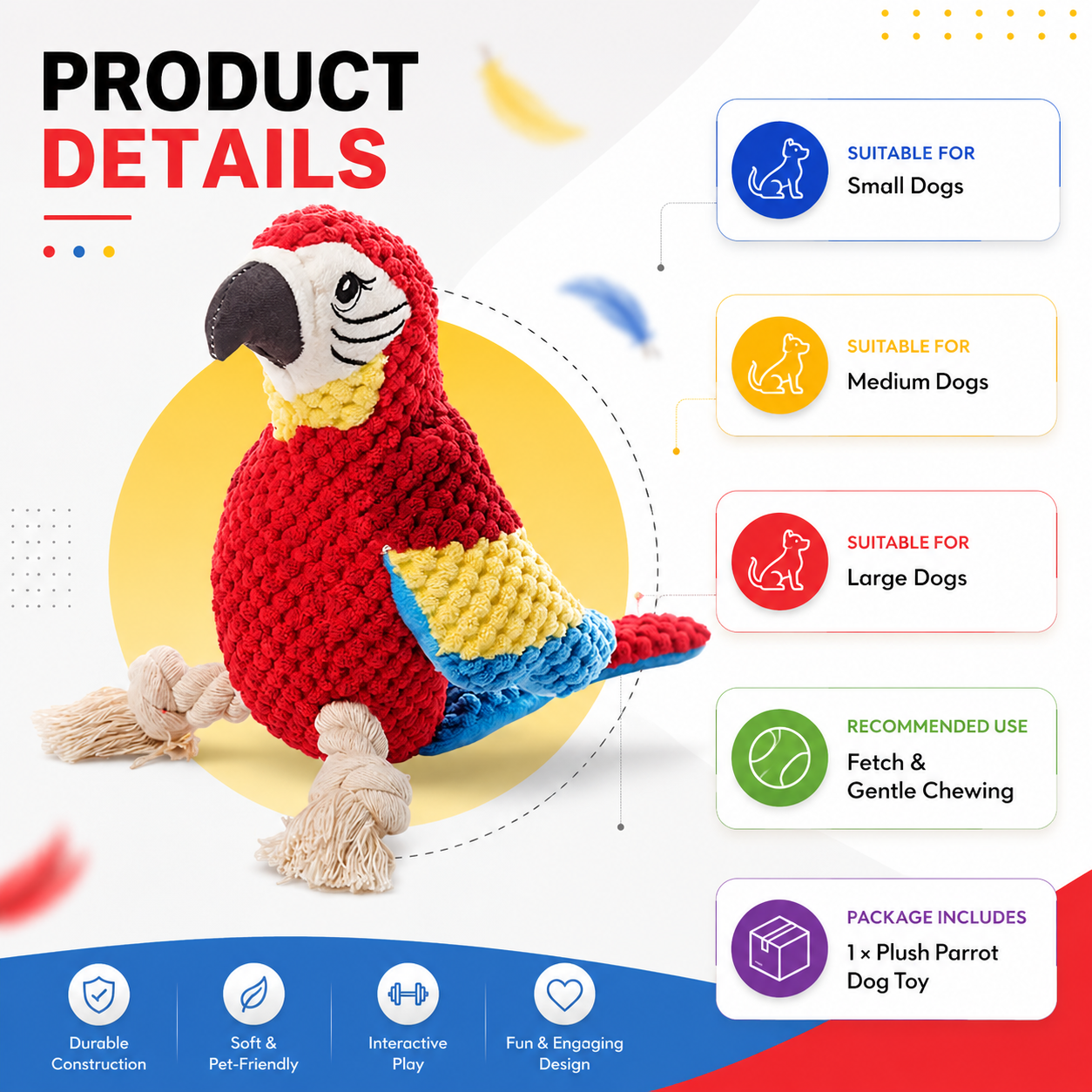 Plush Parrot Chew and Fetch Dog Toy with Squeaker for Everyday Play