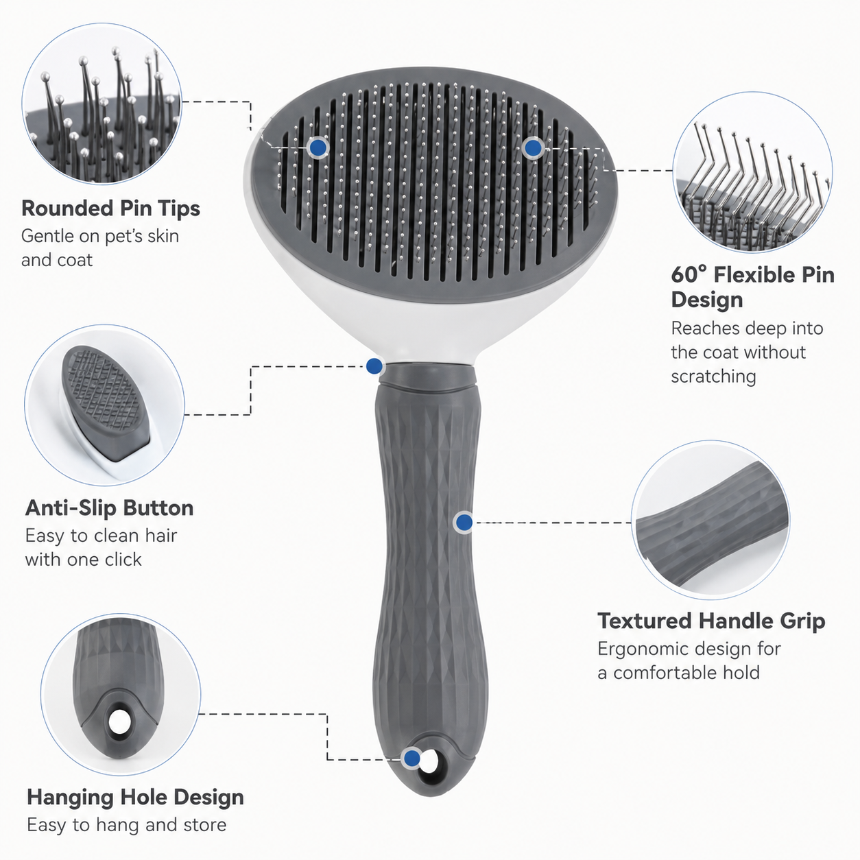 Portable Pet Hair Removal Brush for Dogs and Cats with Self-Cleaning Design - Grey