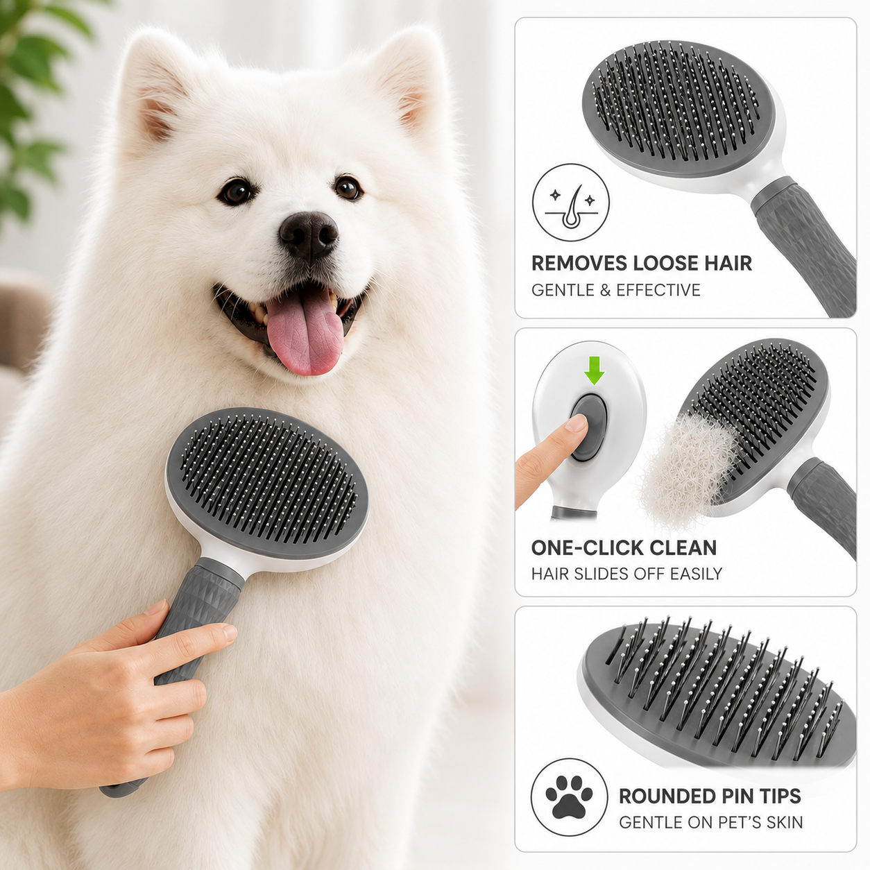 Portable Pet Hair Removal Brush for Dogs and Cats with Self-Cleaning Design - Grey