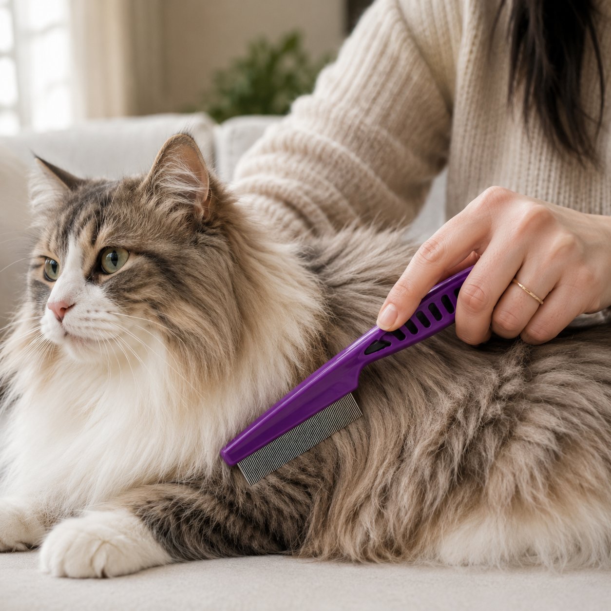 Compact Pet Hair Removal Comb with Stainless Steel Teeth for Dogs and Cats - Purple