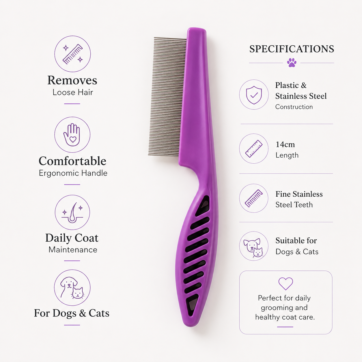 Compact Pet Hair Removal Comb with Stainless Steel Teeth for Dogs and Cats - Purple