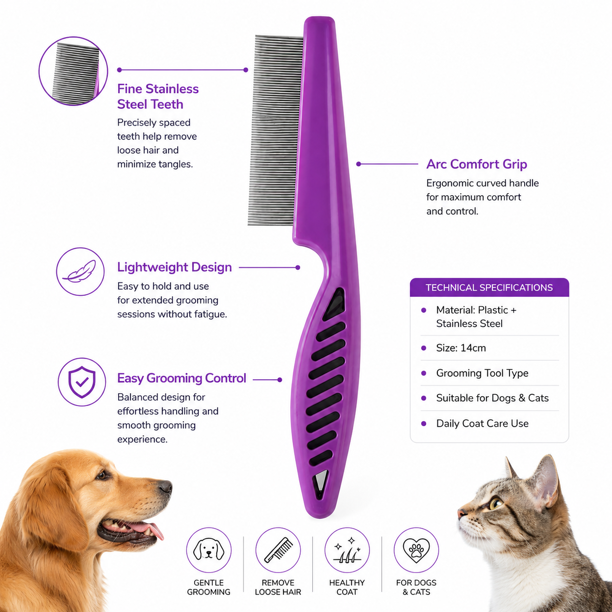 Compact Pet Hair Removal Comb with Stainless Steel Teeth for Dogs and Cats - Purple