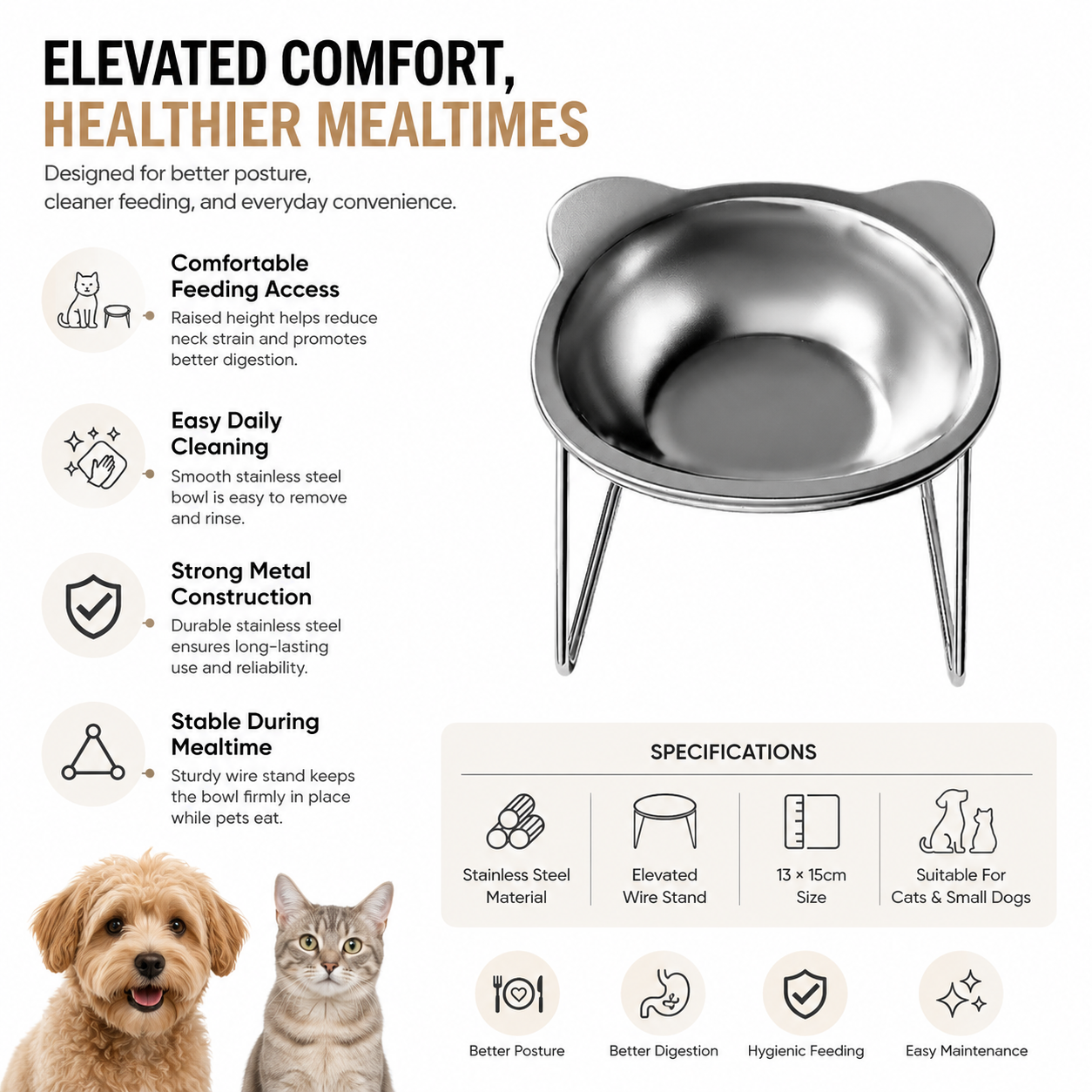 Stainless Steel Raised Pet Food Bowl with Stable Stand for Cats and Dogs