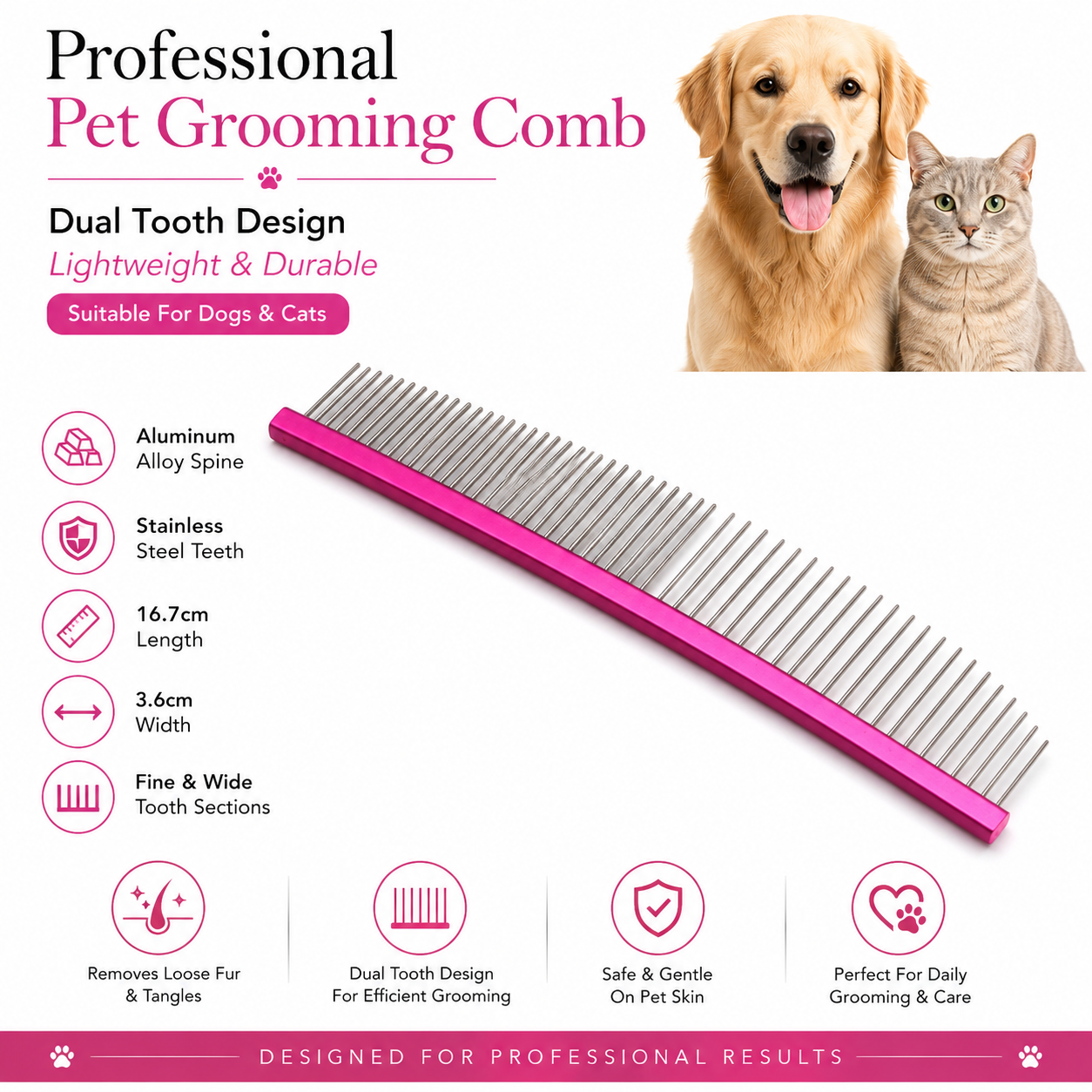 Heavy Duty Stainless Steel Pet Comb for Coat Care and Hair Maintenance - Pink