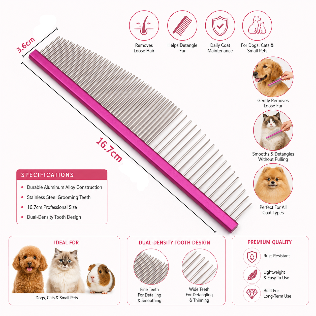 Heavy Duty Stainless Steel Pet Comb for Coat Care and Hair Maintenance - Pink