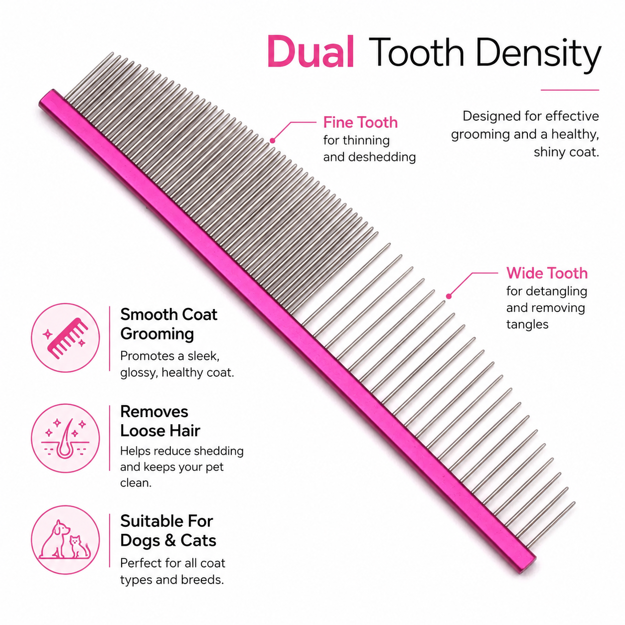 Heavy Duty Stainless Steel Pet Comb for Coat Care and Hair Maintenance - Pink