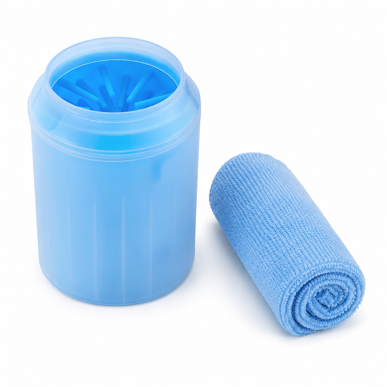 Compact Pet Paw Cleaning Cup with Silicone Bristles and Towel for Everyday Paw Care - Blue