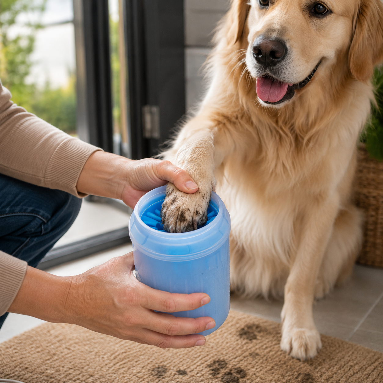 Compact Pet Paw Cleaning Cup with Silicone Bristles and Towel for Everyday Paw Care - Blue