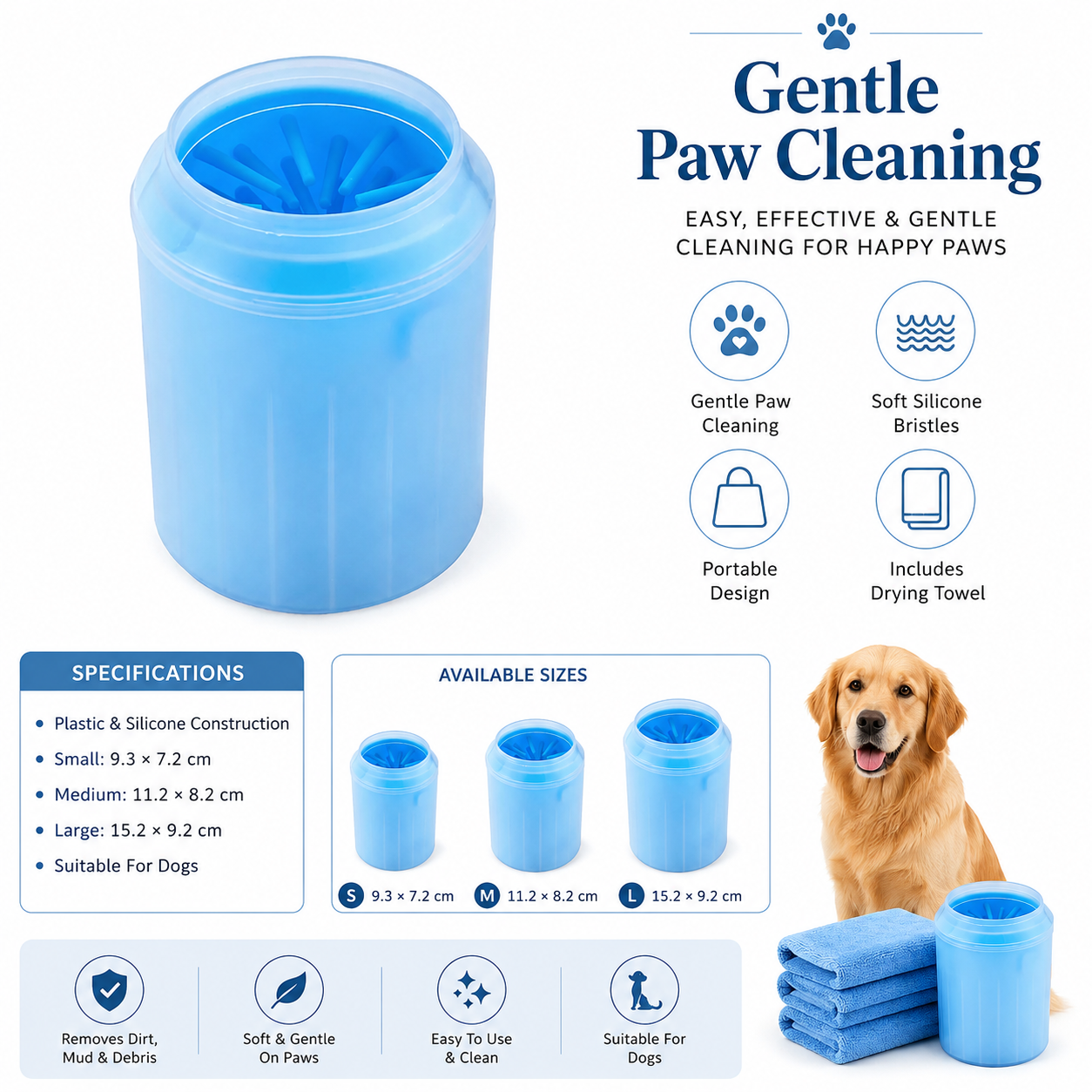 Compact Pet Paw Cleaning Cup with Silicone Bristles and Towel for Everyday Paw Care - Blue