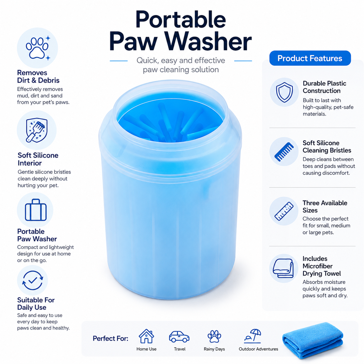 Compact Pet Paw Cleaning Cup with Silicone Bristles and Towel for Everyday Paw Care - Blue