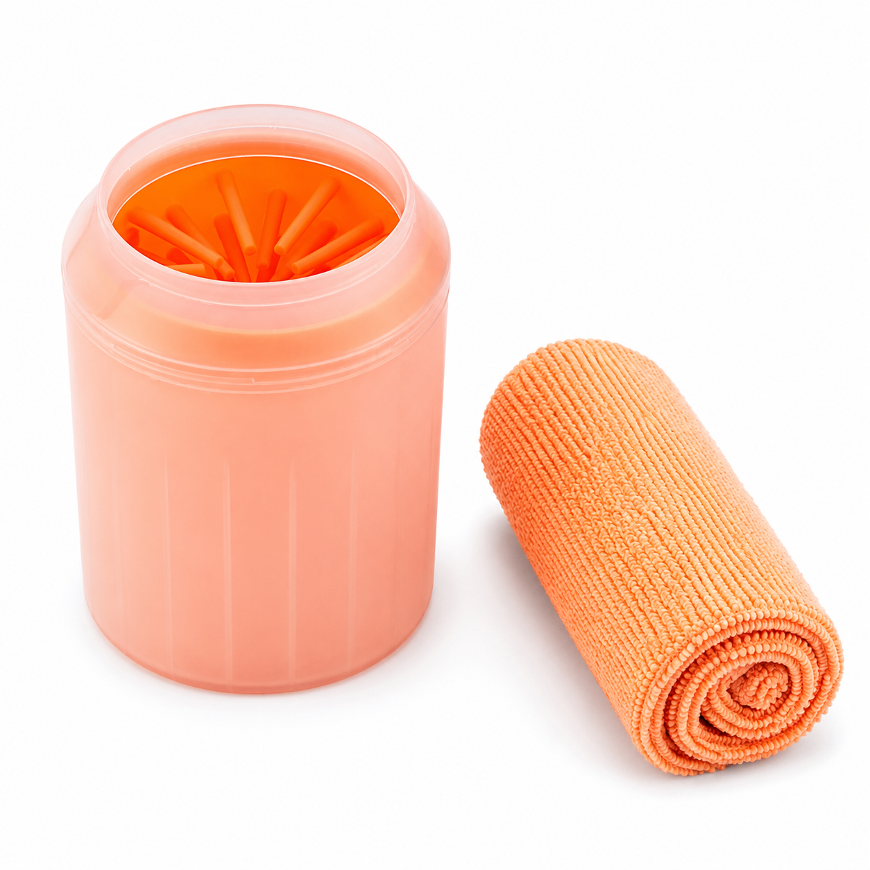Multi-Function Pet Paw Cleaner Bucket with Soft Silicone Interior and Towel - Orange