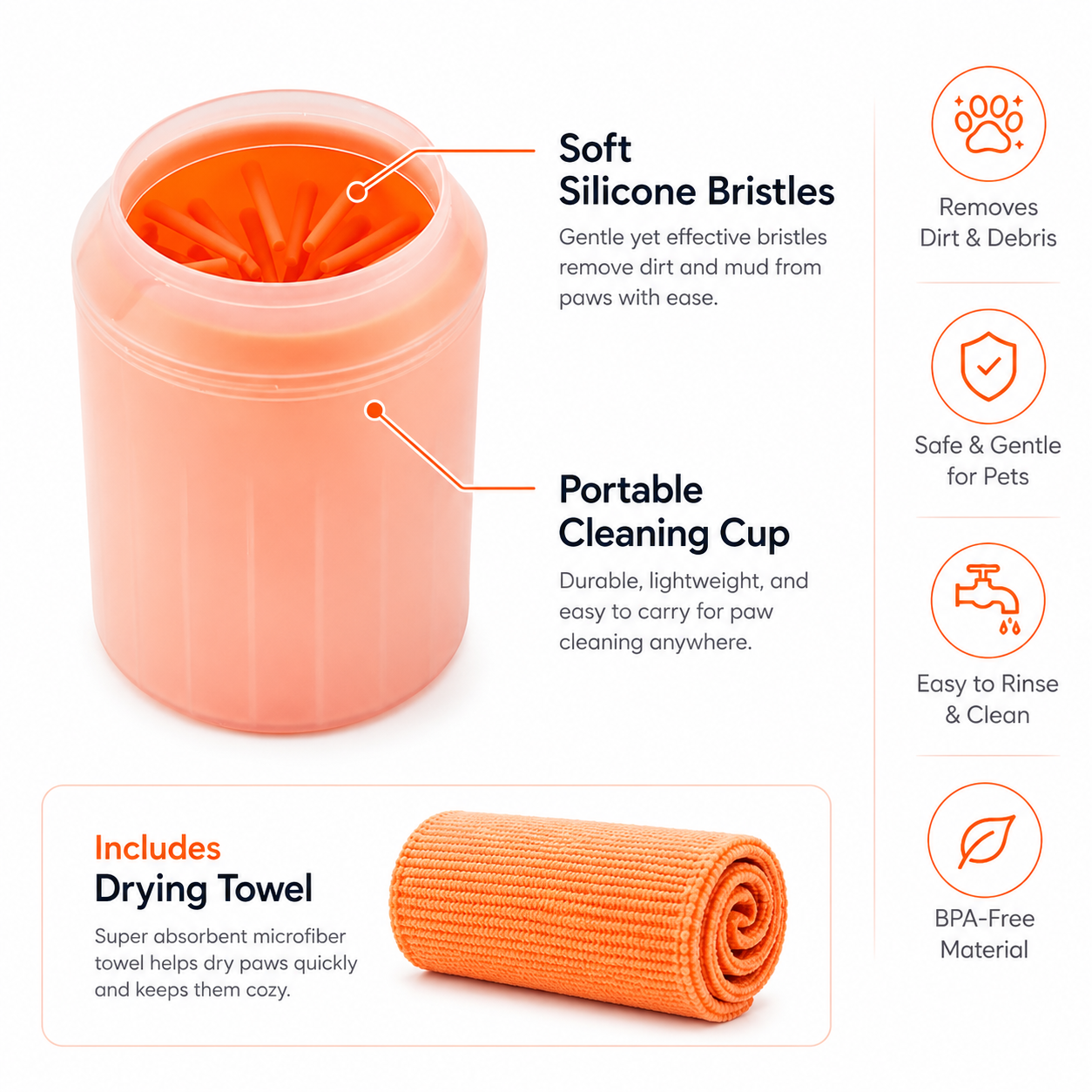 Multi-Function Pet Paw Cleaner Bucket with Soft Silicone Interior and Towel - Orange