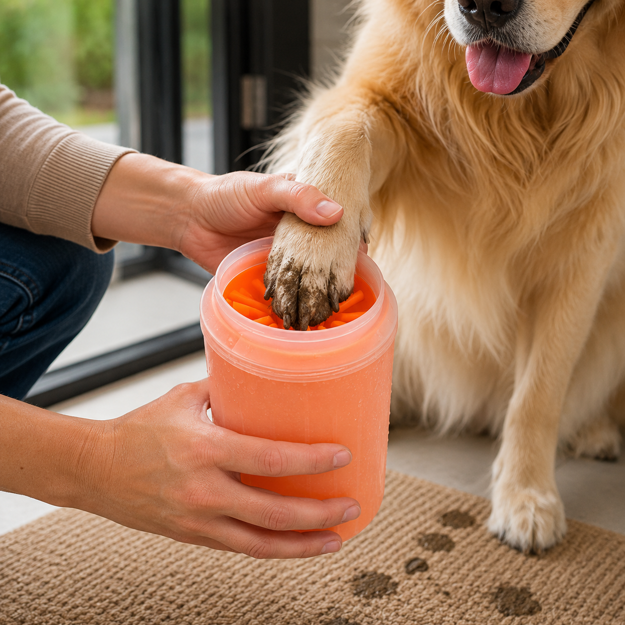 Multi-Function Pet Paw Cleaner Bucket with Soft Silicone Interior and Towel - Orange