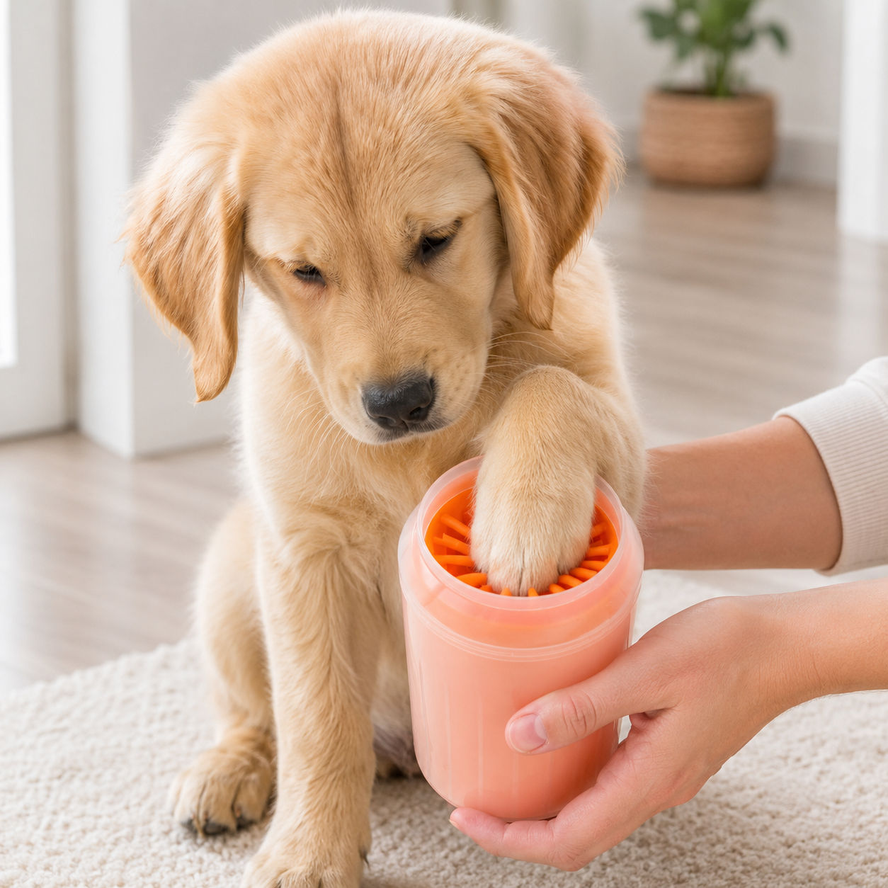 Multi-Function Pet Paw Cleaner Bucket with Soft Silicone Interior and Towel - Orange