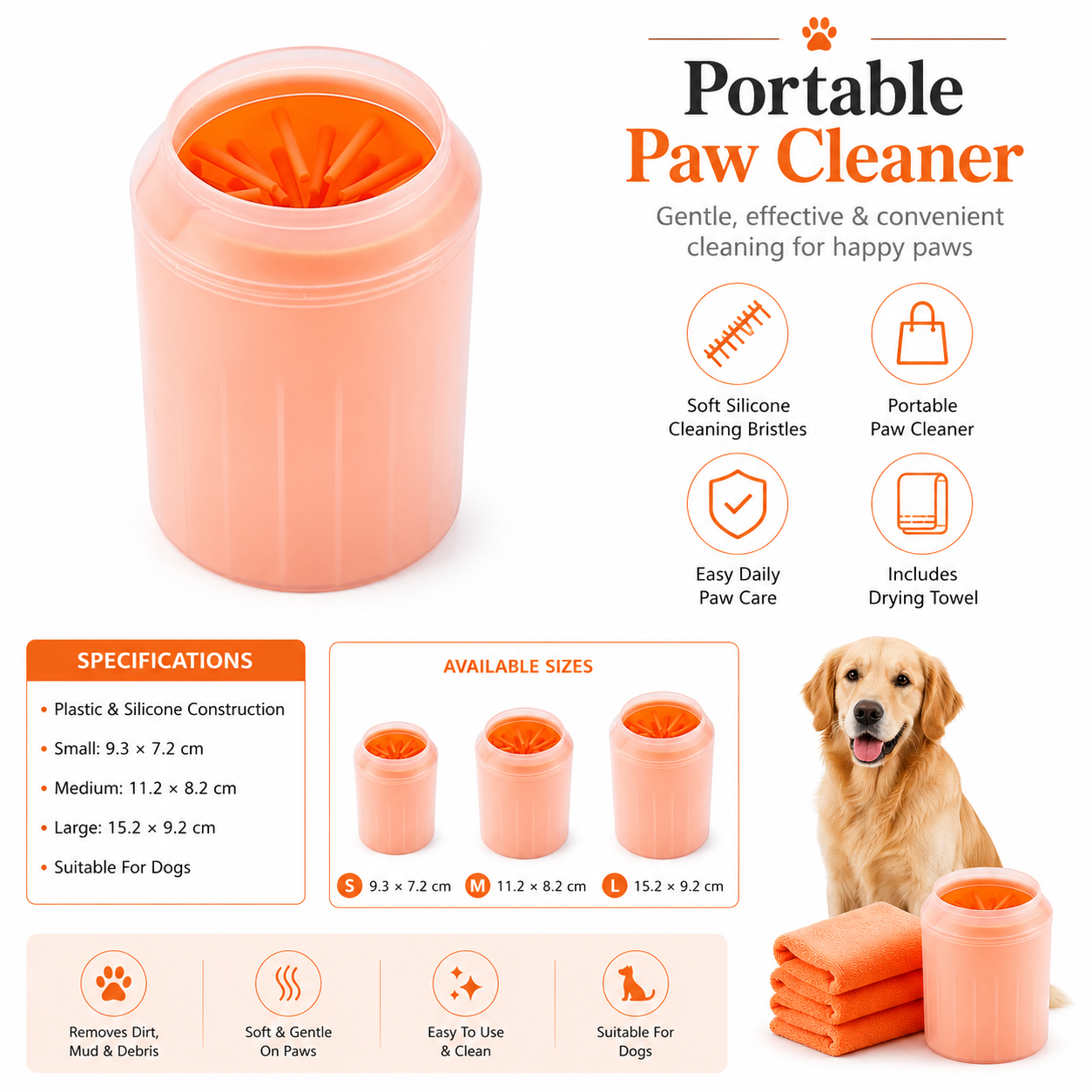 Multi-Function Pet Paw Cleaner Bucket with Soft Silicone Interior and Towel - Orange