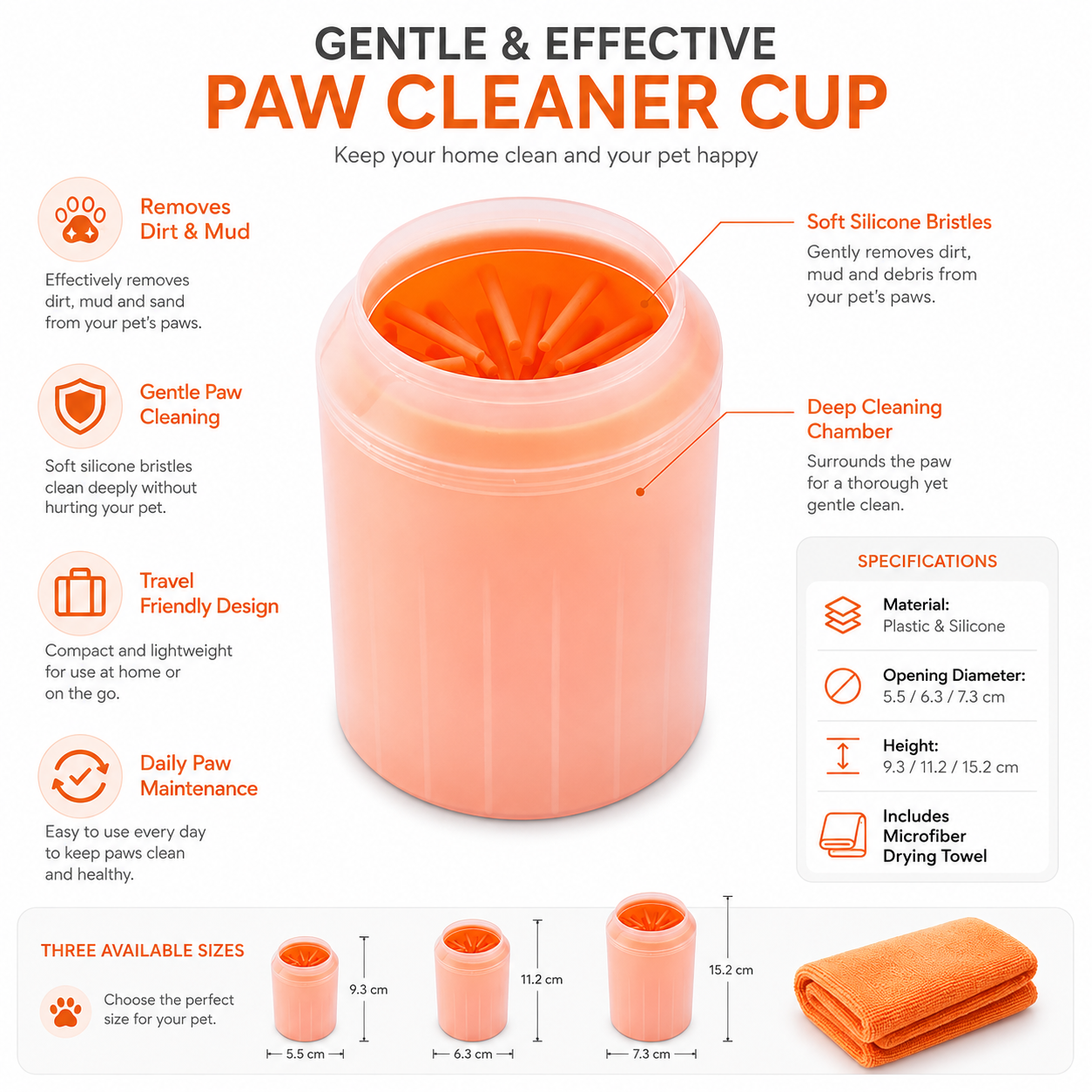 Multi-Function Pet Paw Cleaner Bucket with Soft Silicone Interior and Towel - Orange