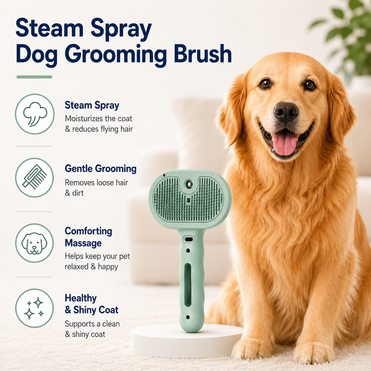 Steam Spray Pet Grooming Brush for Dogs and Cats - Mint Green
