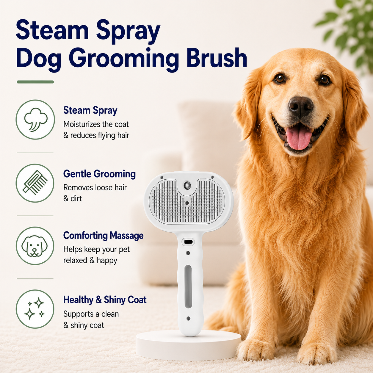 Steam Spray Dog Grooming Brush - White