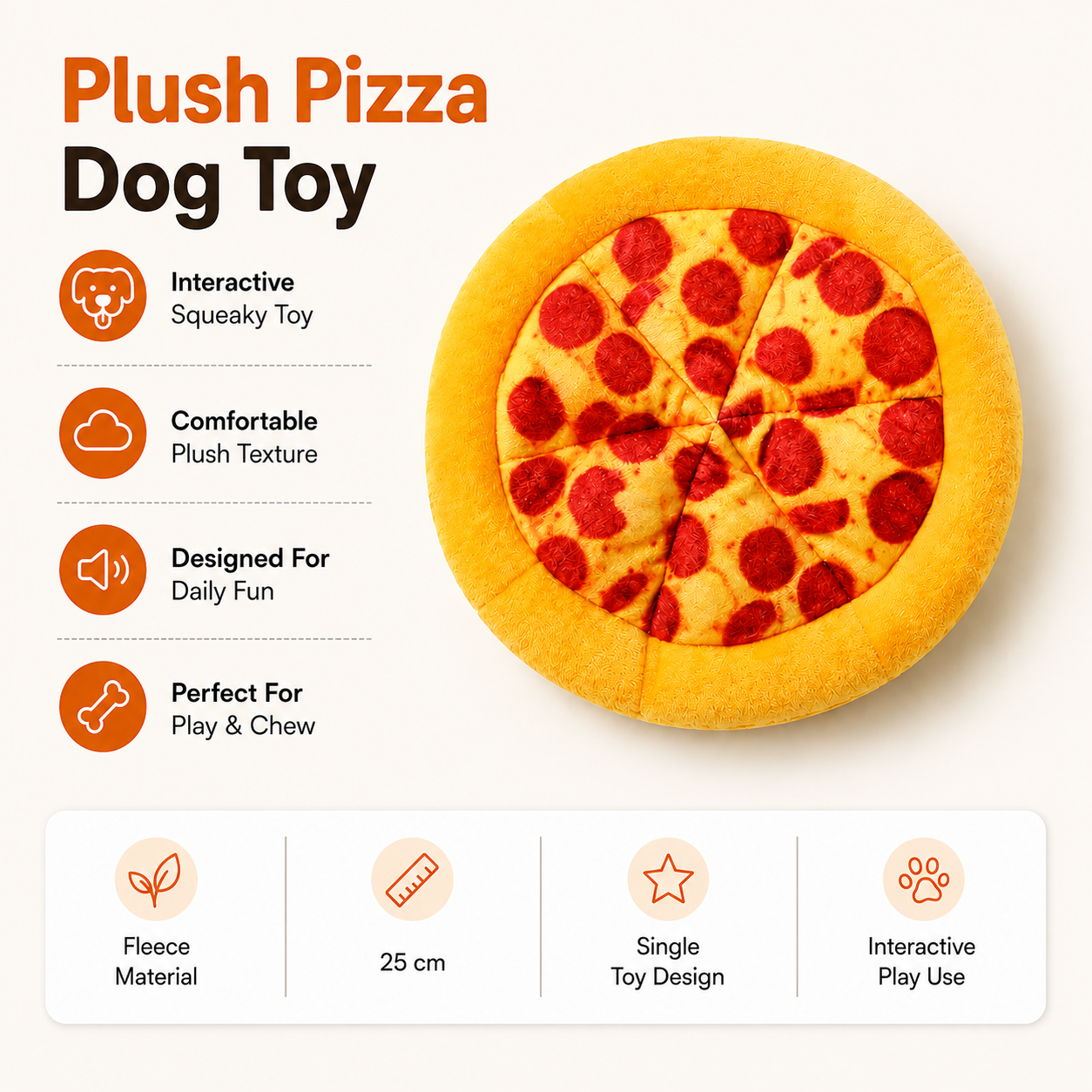 Plush Pizza Dog Toy Squeaky Interactive Chew Toy for Small to Large Dogs