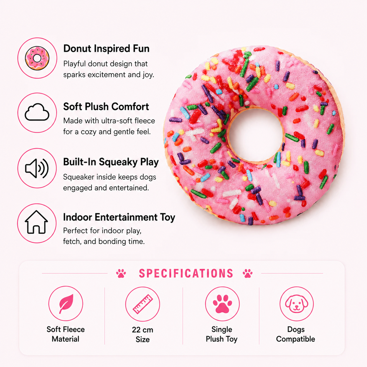 Plush Donut Dog Toy Interactive Squeaky Chew Toy for Small to Large Dogs