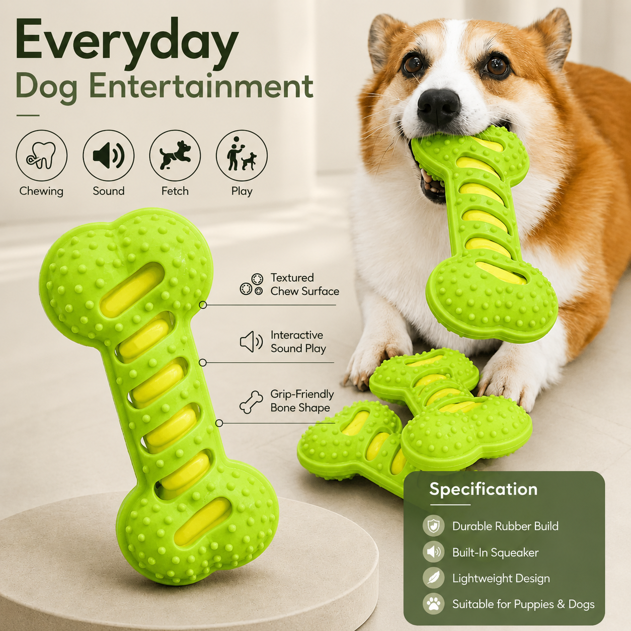 Rubber Dog Chew Toy Squeaky Bone Interactive Play Toy for Puppies and Dogs