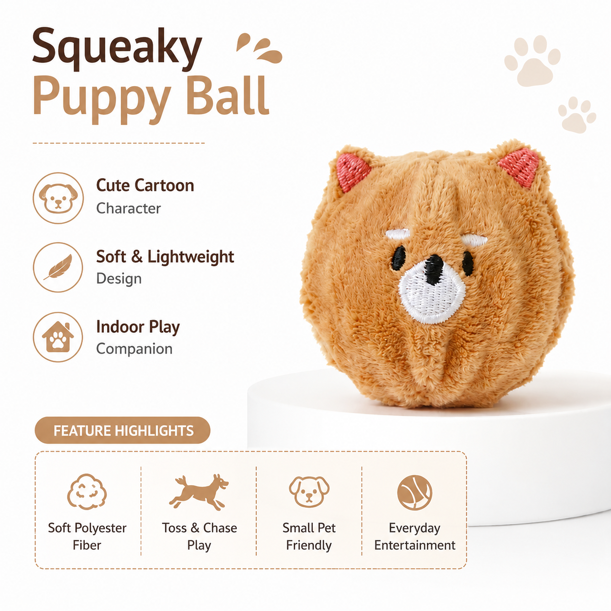 Squeaky Puppy Ball Toy Interactive Chew and Play Toy for Small Dogs and Cats - Brown