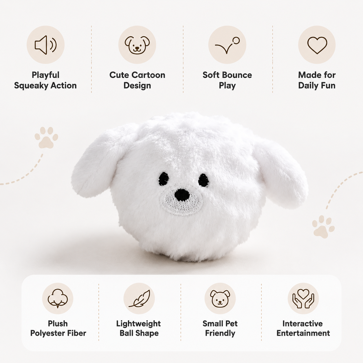 Squeaky Puppy Ball for Small Dogs and Cats Soft Interactive Plush Chew Toy - White