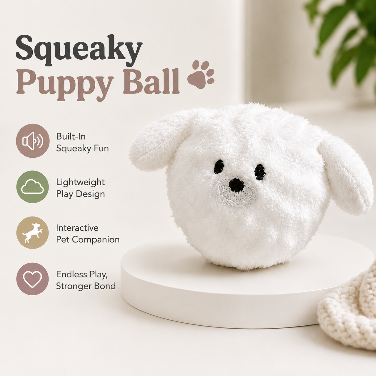 Squeaky Puppy Ball for Small Dogs and Cats Soft Interactive Plush Chew Toy - White