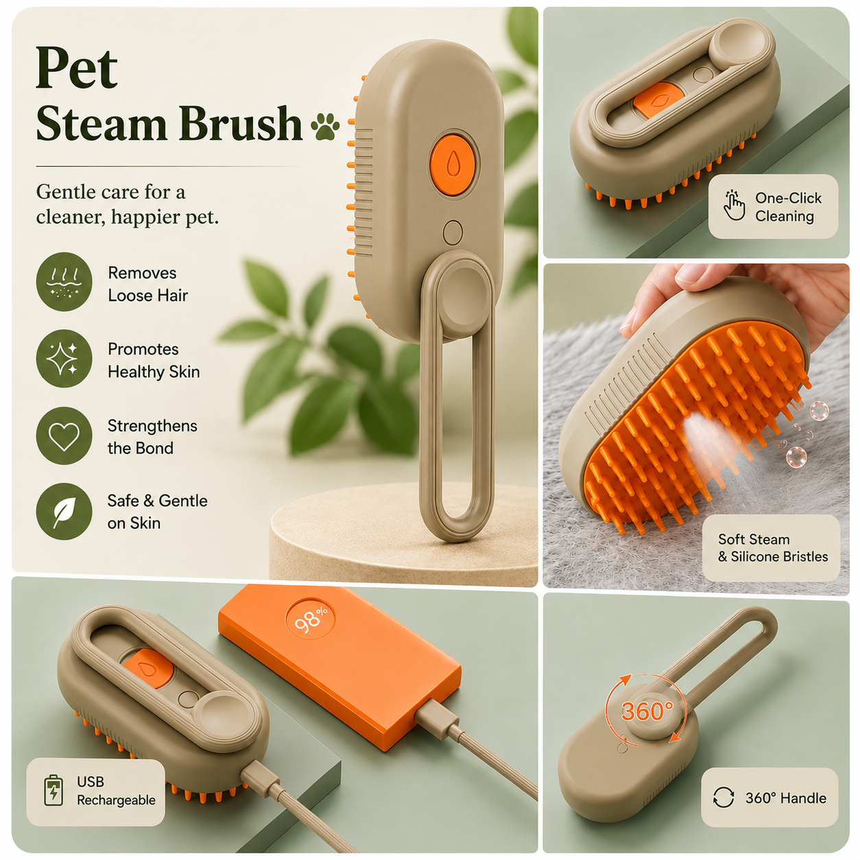 Pet Steam Brush 3-in-1 Hair Removal Comb for Cats and Dogs