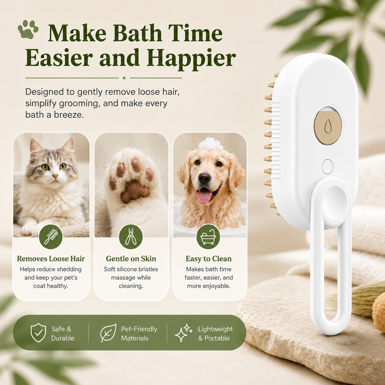 3-in-1 Pet Steam Brush Rechargeable Spray Brush for Cats and Dogs