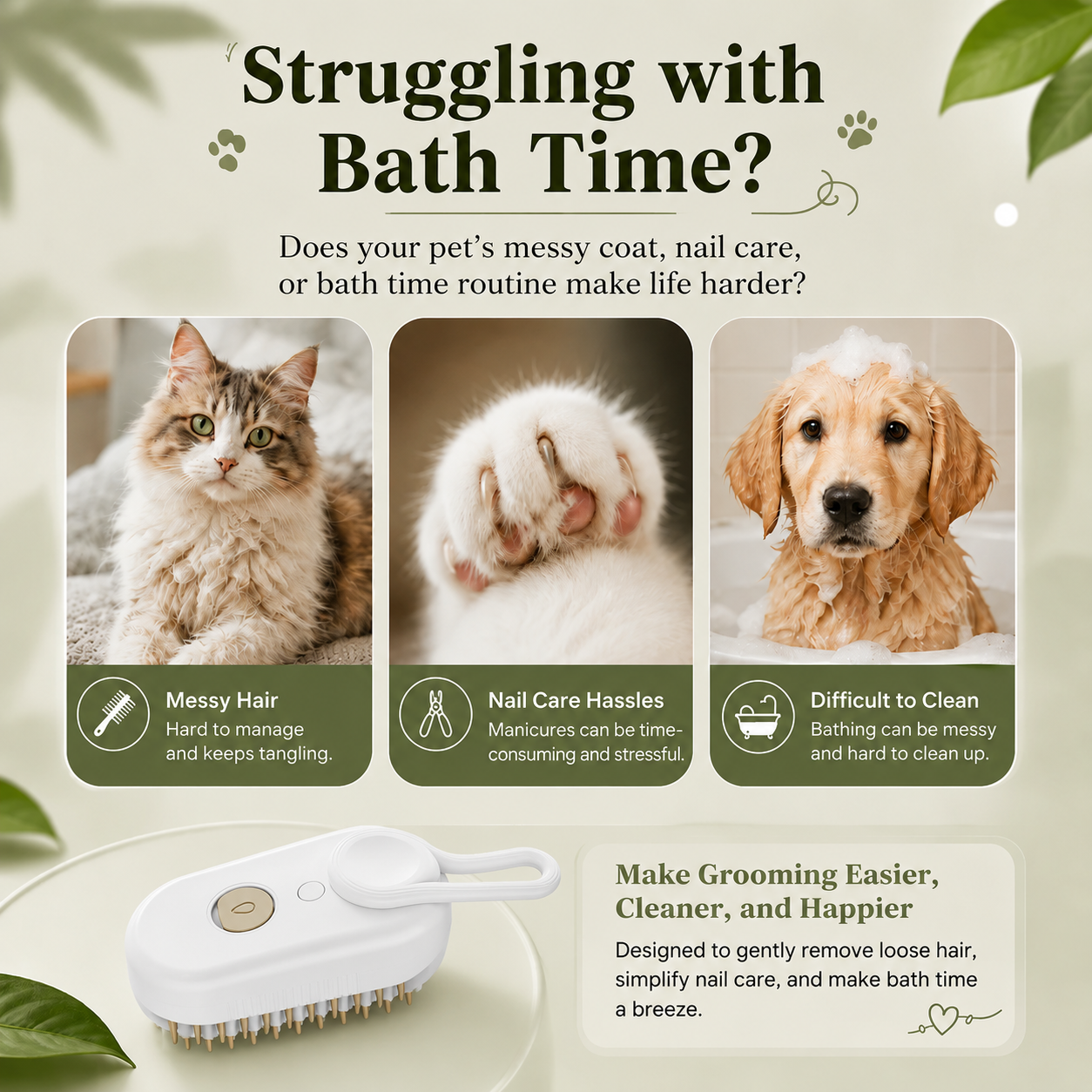 3-in-1 Pet Steam Brush Rechargeable Spray Brush for Cats and Dogs
