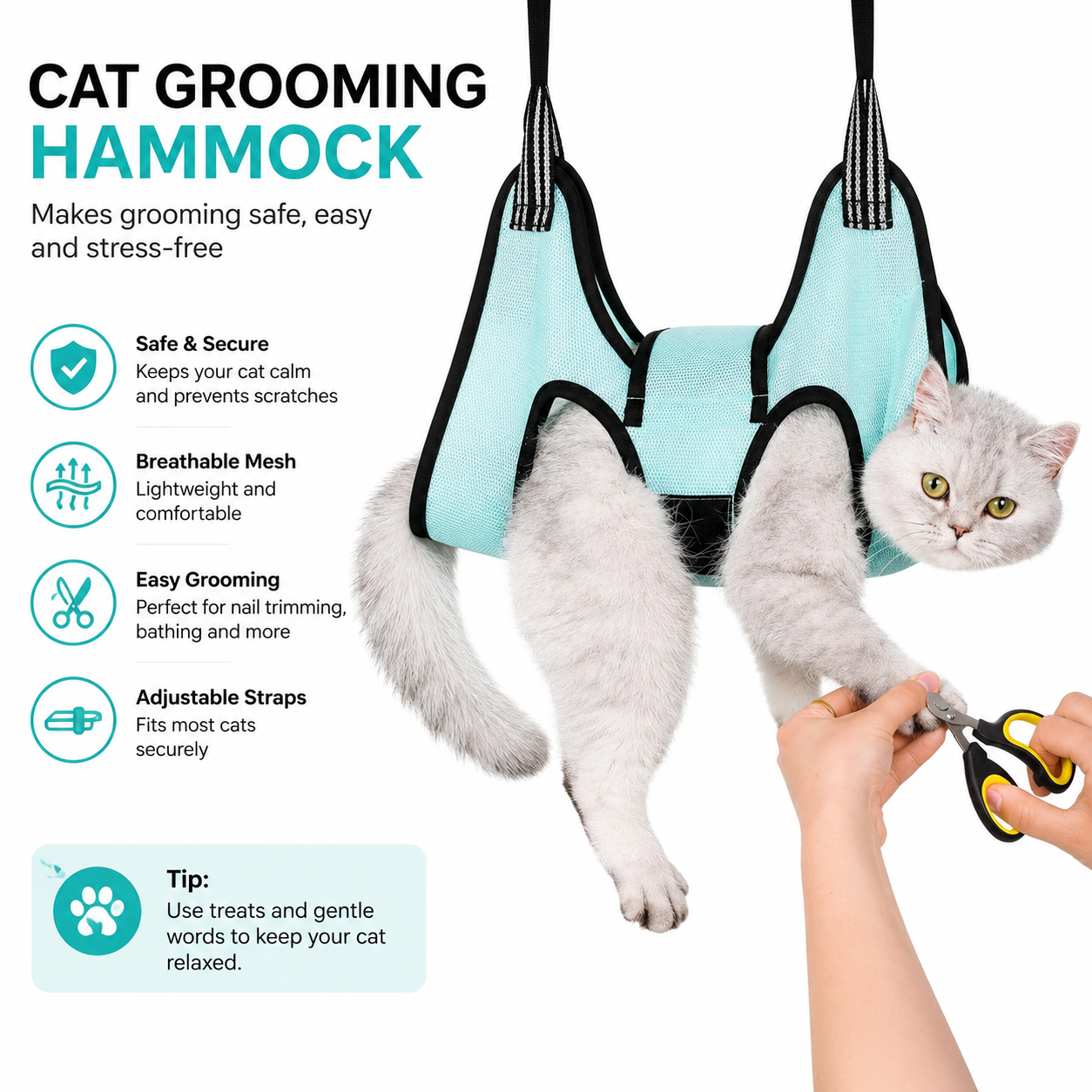Adjustable Pet Grooming Hammock for Nail Trimming and Grooming Care - Green