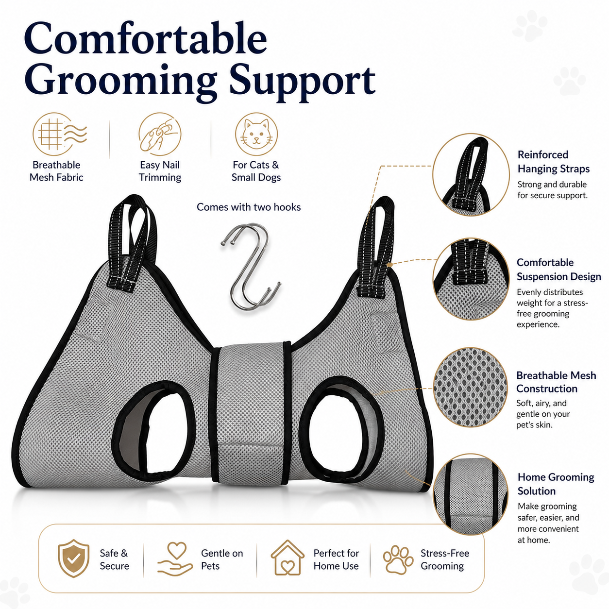 Adjustable Pet Grooming Hammock for Cats and Small Dogs - Grey