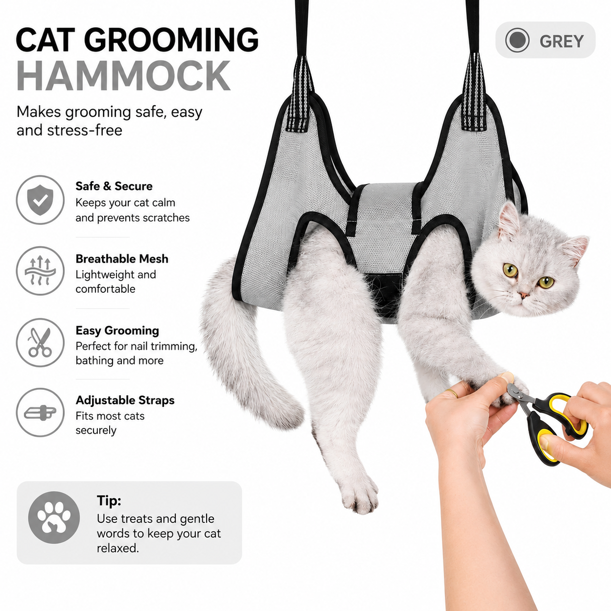 Adjustable Pet Grooming Hammock for Cats and Small Dogs - Grey
