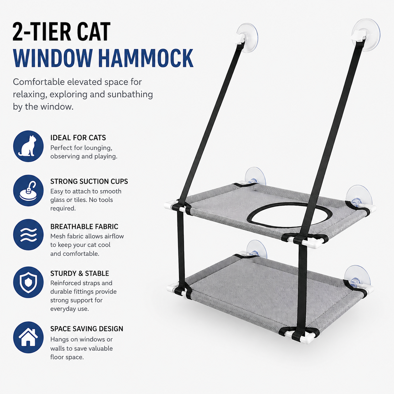 Double Layer Cat Window Hammock Bed Suction Cup Hanging Pet Window Seat - Light Grey