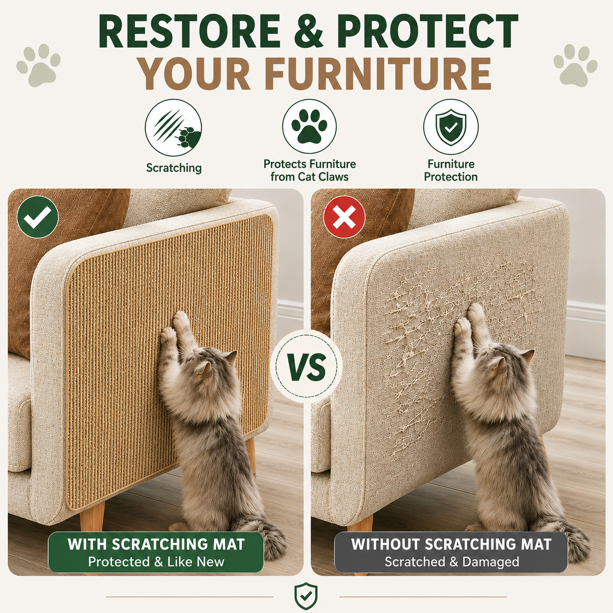 Self Adhesive Cat Scratching Mat Trimmable Carpet Protector for Pets - Khaki