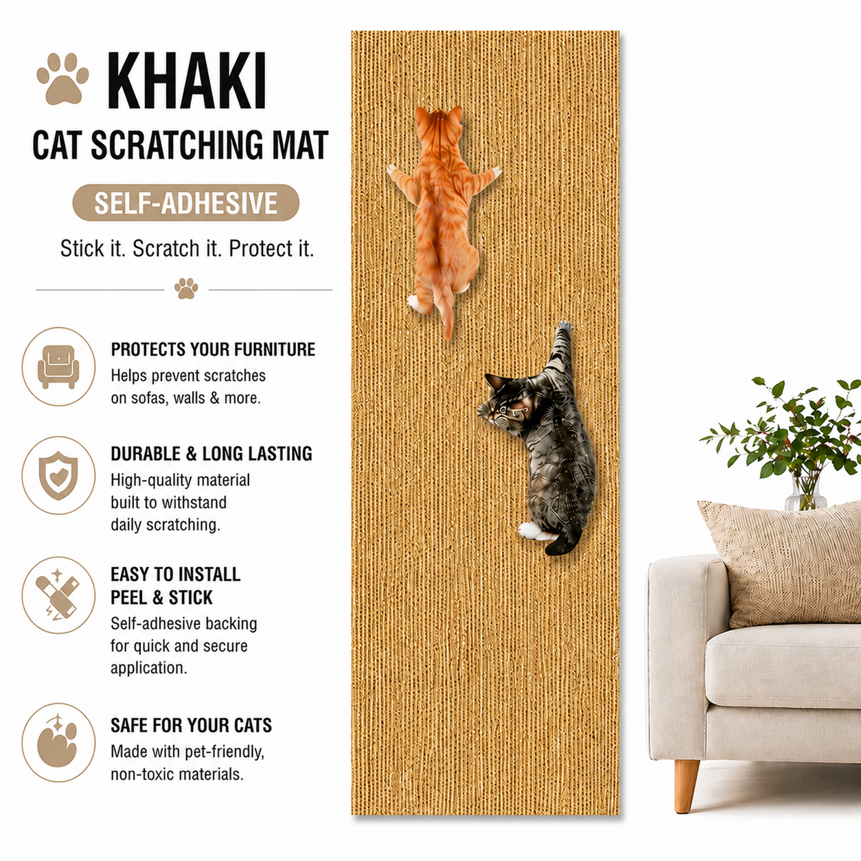 Self Adhesive Cat Scratching Mat Trimmable Carpet Protector for Pets - Khaki