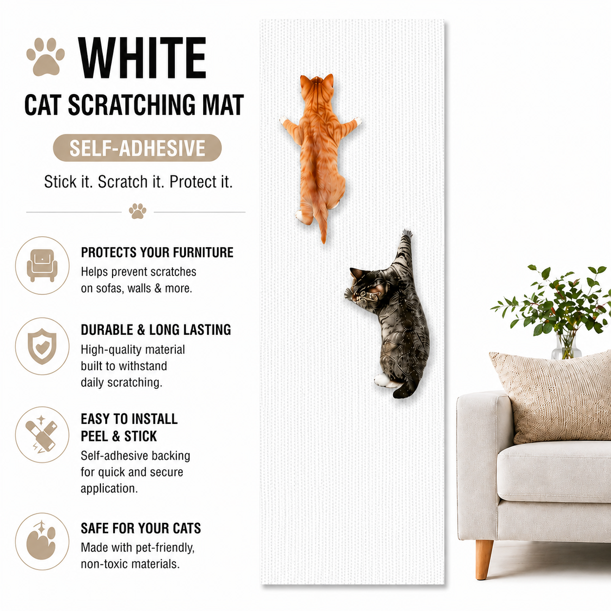 Cat Scratching Mat Self Adhesive Trimmable Carpet Protector for Sofa Walls Floors - White
