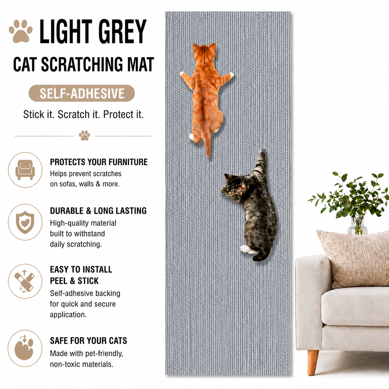 Trimmable Cat Scratch Mat Self Adhesive Furniture Protector Pad - Light Grey
