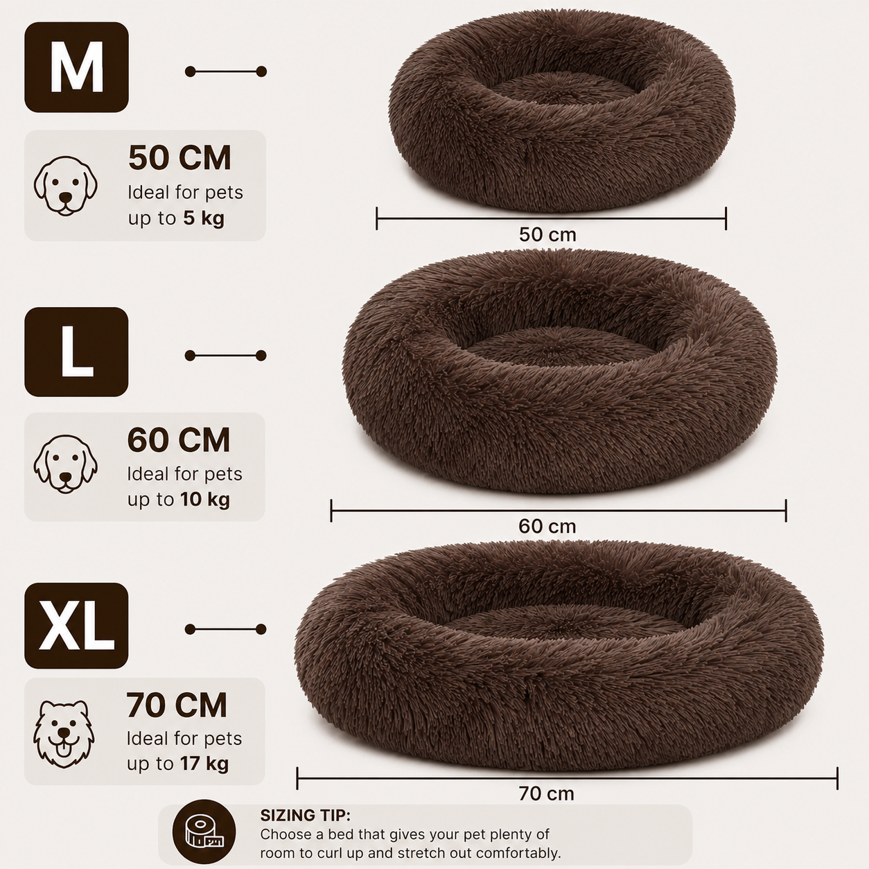 Round Plush Pet Bed Washable Soft Cushion Mat for Dogs and Cats - Brown