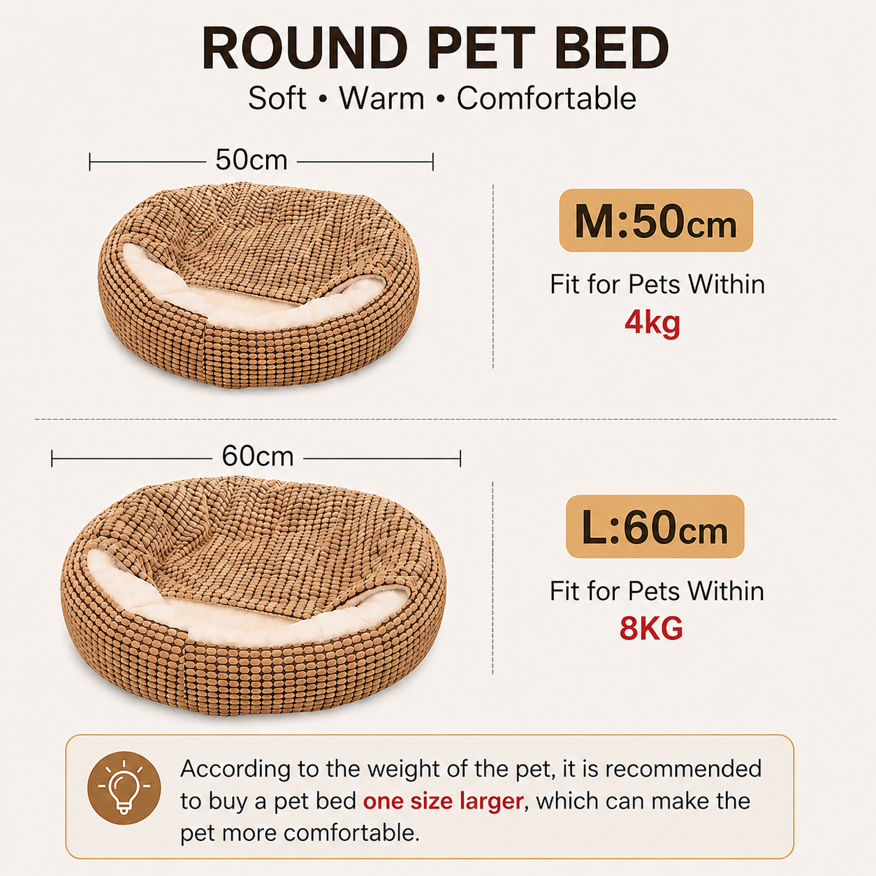 Soft Round Pet Cushion Bed for Cats and Dogs Plush Kennel Mat Multiple Sizes - Brown