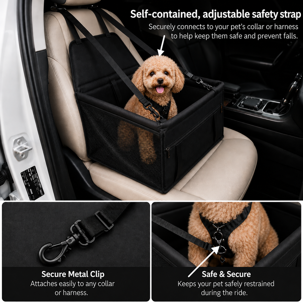 Portable Dog and Cat Car Seat Basket Design - Black