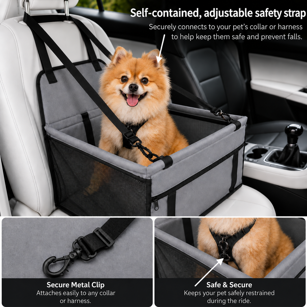 Stable Foldable Pet Car Seat Cover for Dogs and Cats - Grey