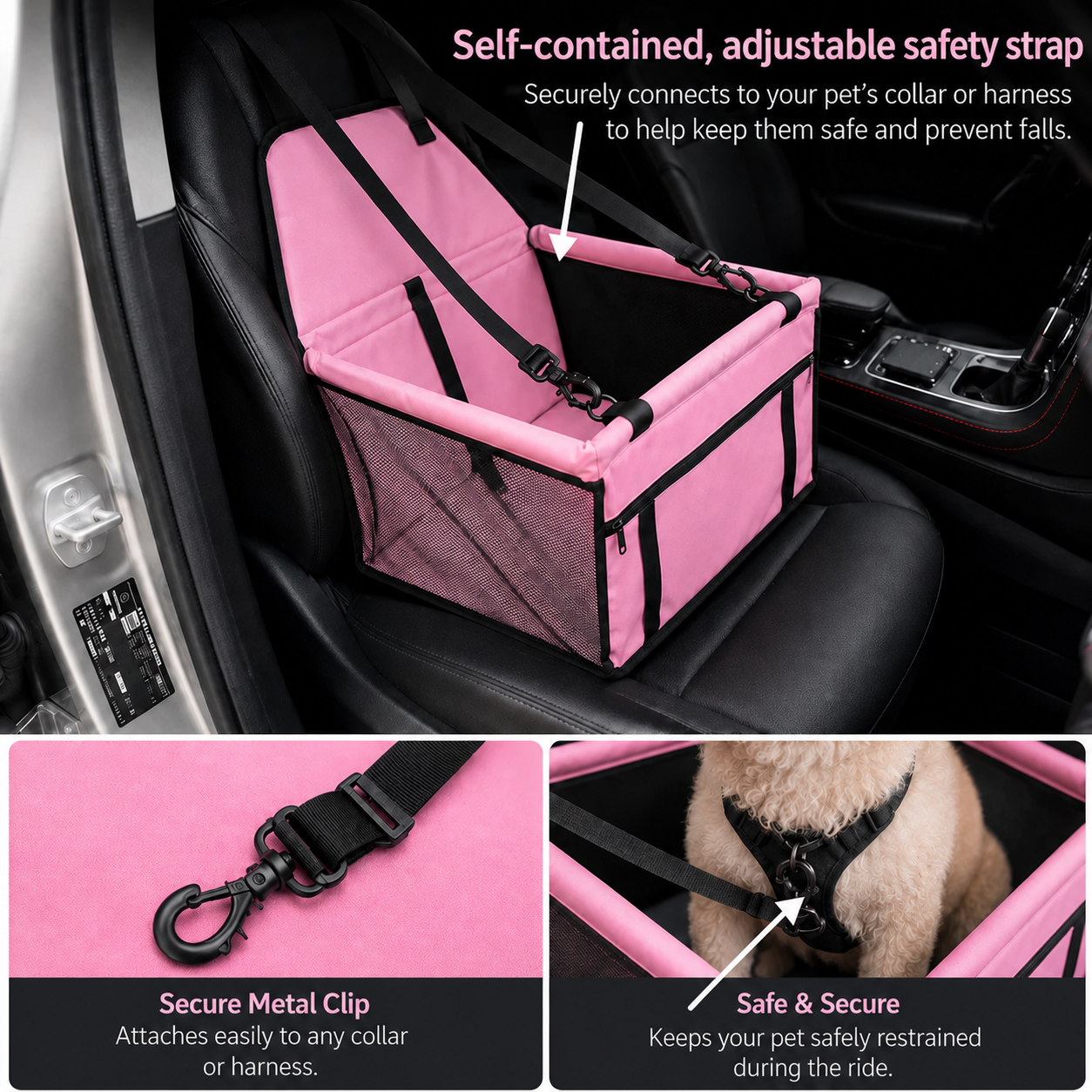 Foldable Travel Pet Car Seat for Dogs and Cats - Pink