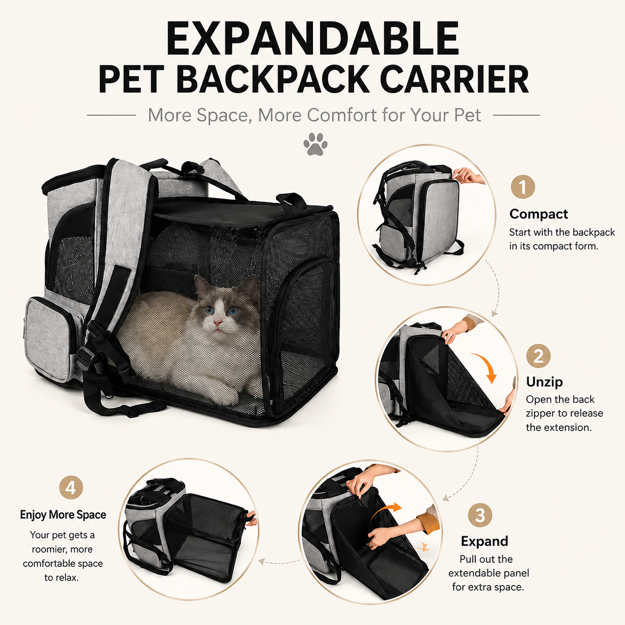 Expandable Pet Backpack Carrier for Cats and Small Dogs - Grey