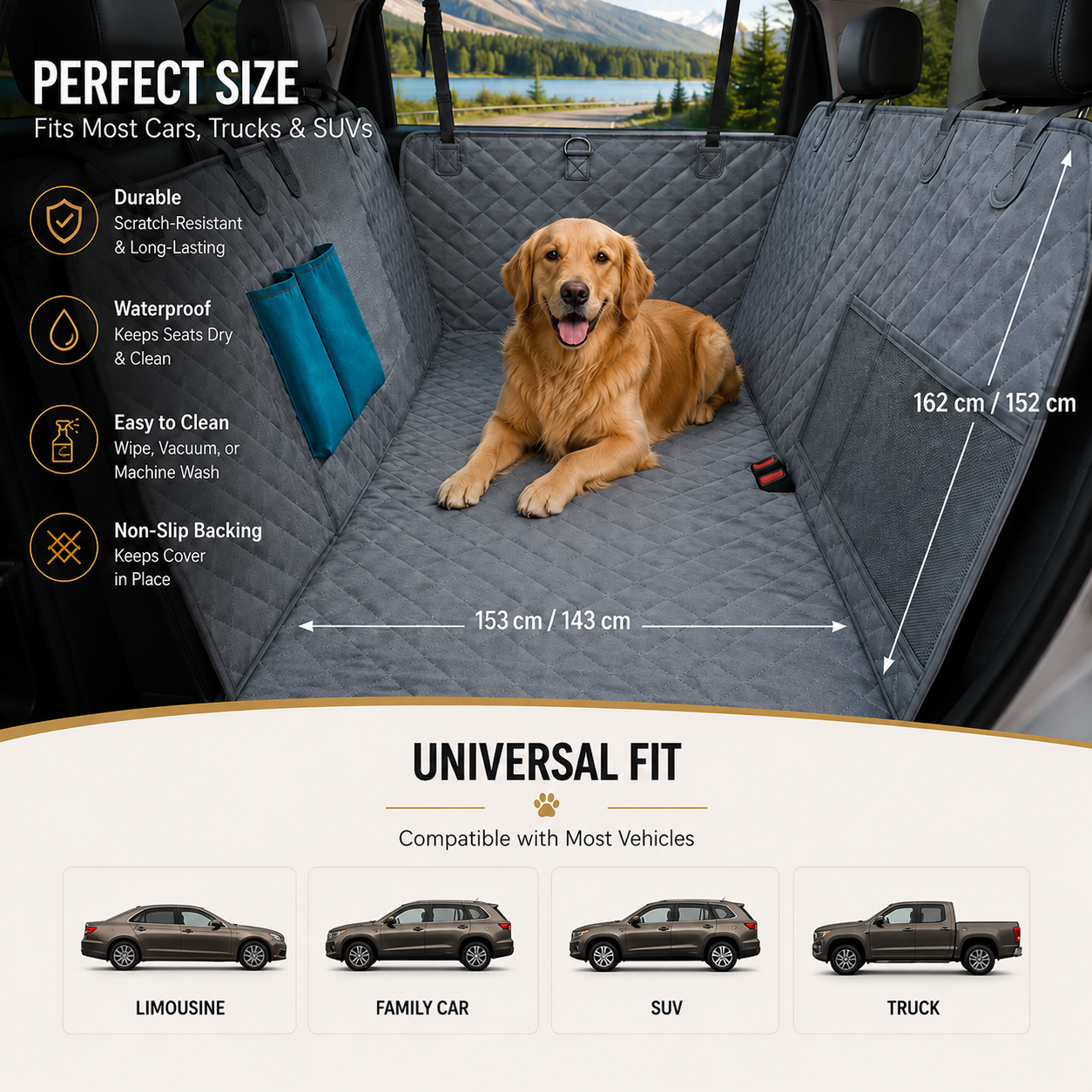 Portable Waterproof Pet Travel Hammock Rear Seat Protector for Dogs - Grey