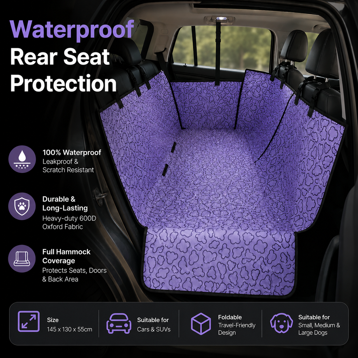 Waterproof Pet Travel Hammock Rear Seat Cover for Small Medium and Large Dogs - Purple